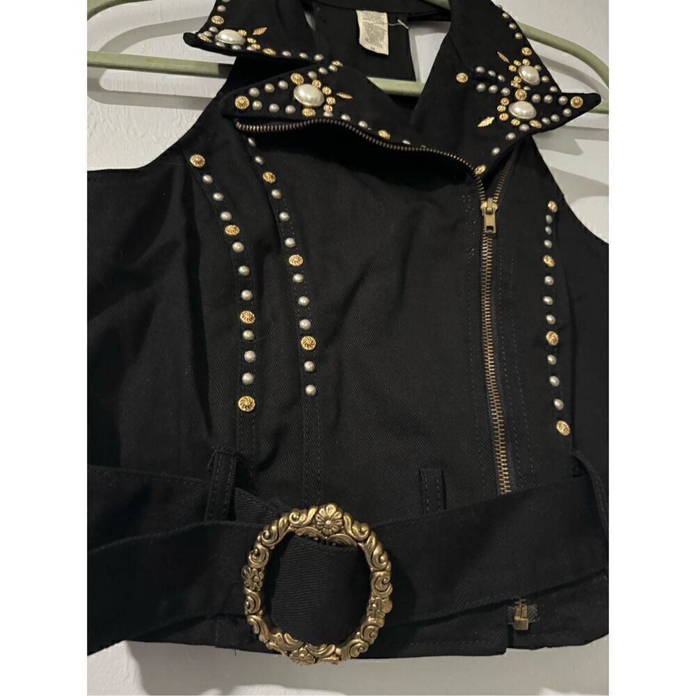 Jean Vest black studded zip front Embellished M - Picture 3 of 10